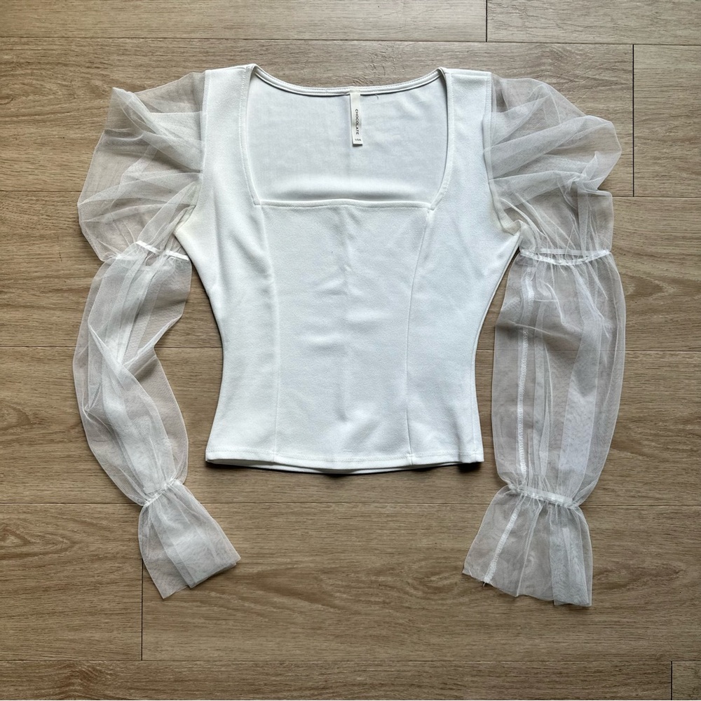 PRICELESS White Puff-Sleeve Square Neck Top